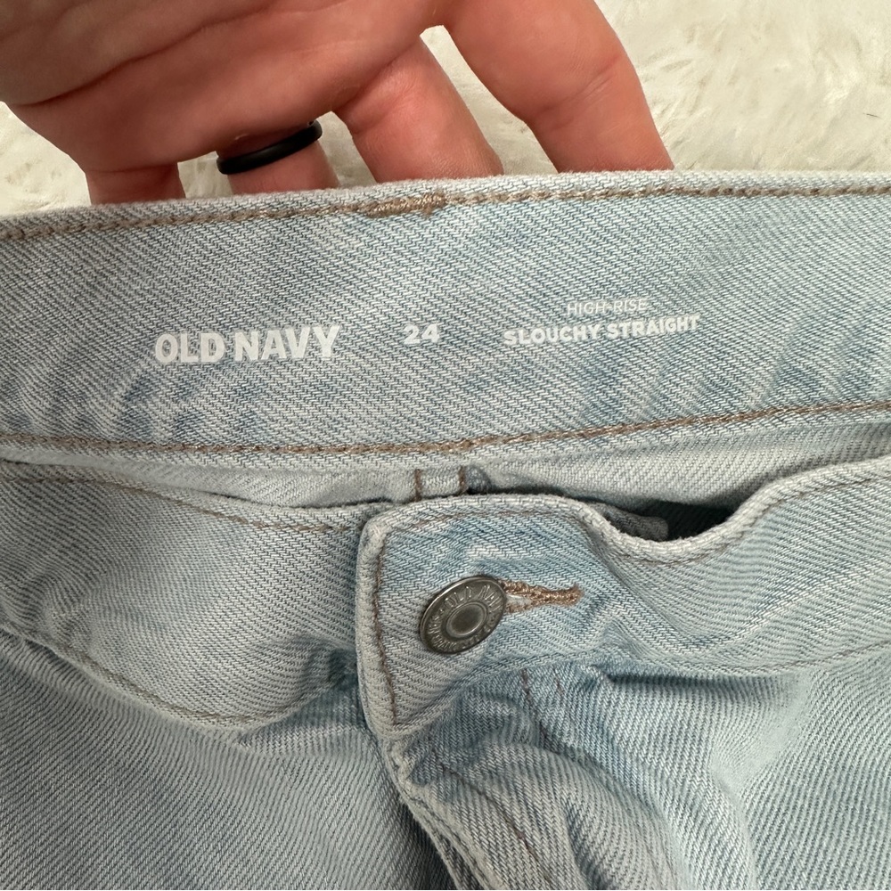 Old Navy High Rise Slouchy Straight Jeans 24 Distressed Button Fly - Picture 4 of 7